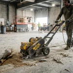 Operario manejando máquina arrancadora de revestimientos para decapar pavimento vinílico en nave industrial