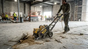 Operario manejando máquina arrancadora de revestimientos para decapar pavimento vinílico en nave industrial