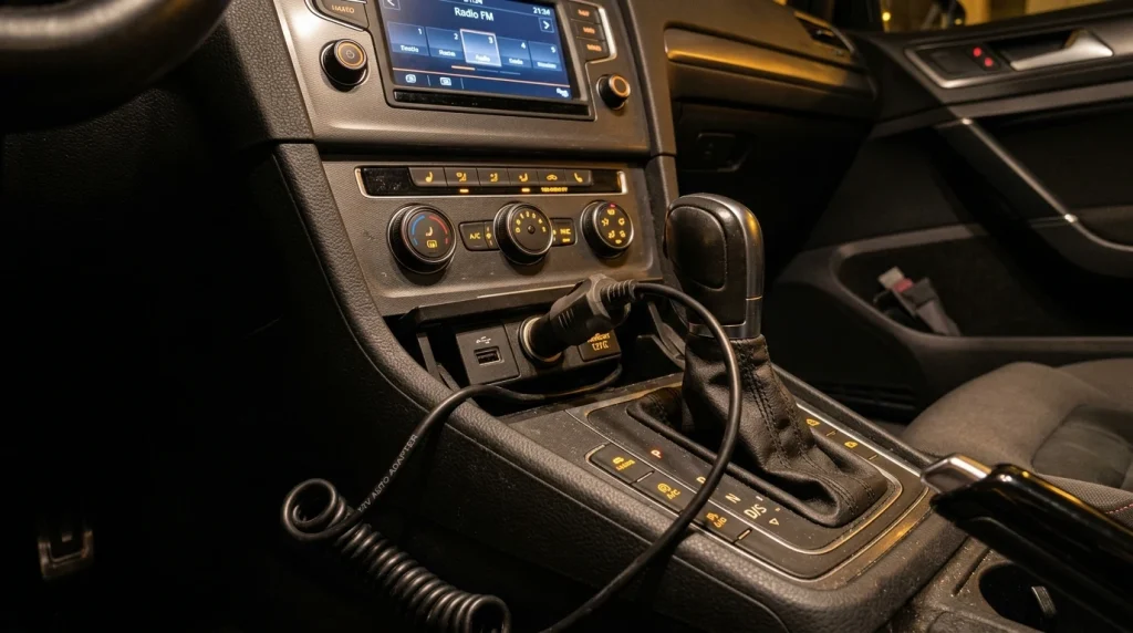 Toma de mechero de 12V en la consola central del automóvil con adaptador de cable conectado