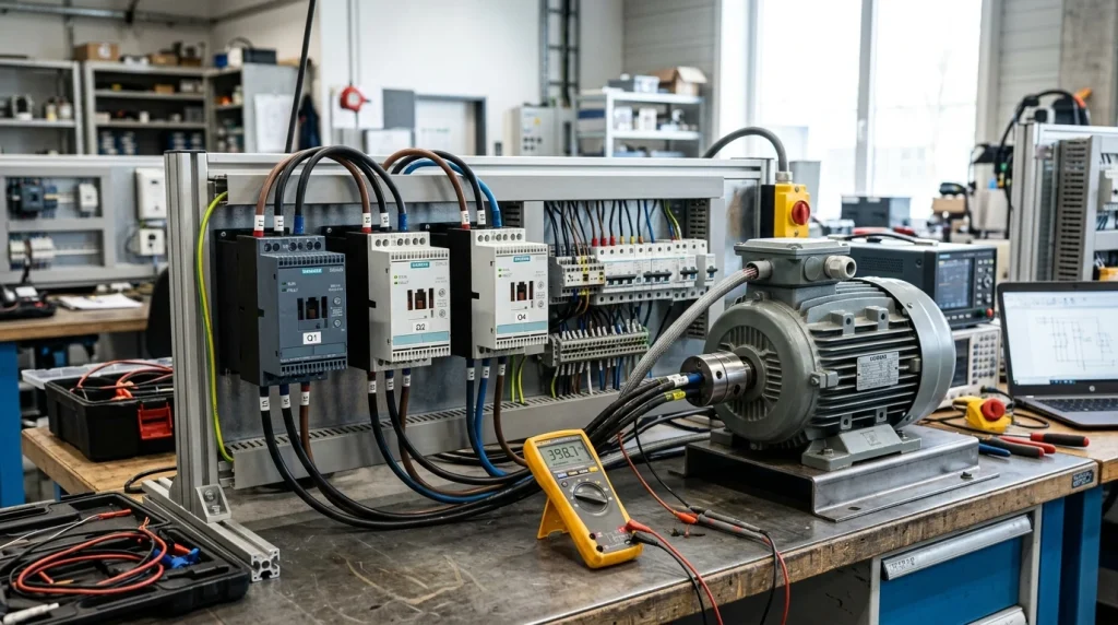 Conjunto de arrancadores suaves Siemens Sirius cableados a un motor trifásico en taller de automatización