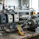 Conjunto de arrancadores suaves Siemens Sirius cableados a un motor trifásico en taller de automatización