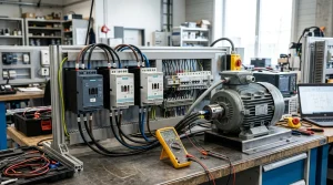 Conjunto de arrancadores suaves Siemens Sirius cableados a un motor trifásico en taller de automatización