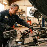 Mecanico en taller automotriz utilizando arrancador de bateria profesional con pinzas aisladas