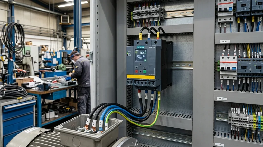 Dispositivo arrancador suave Siemens Sirius instalado con cableado trifásico y pantalla digital