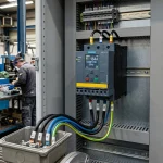 Dispositivo arrancador suave Siemens Sirius instalado con cableado trifásico y pantalla digital