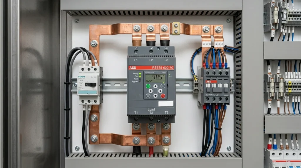 Arrancador suave industrial ABB modelo PSE con barras de cobre y display de control