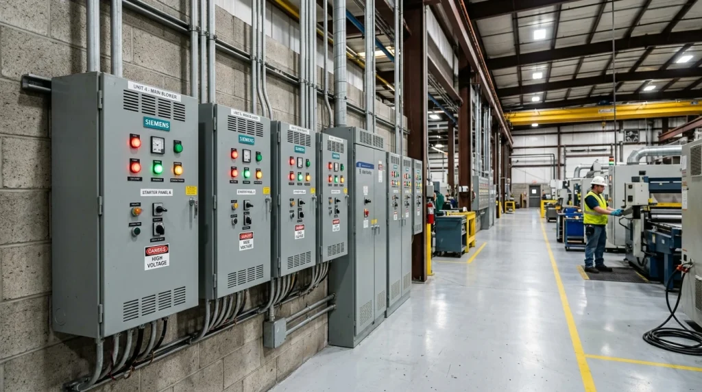 Sala tecnica industrial con baterias de armarios de arrancadores de motor electrico y luces de estado