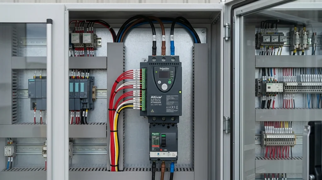 Arrancador suave Schneider Electric Altivar montado en cuadro de control industrial