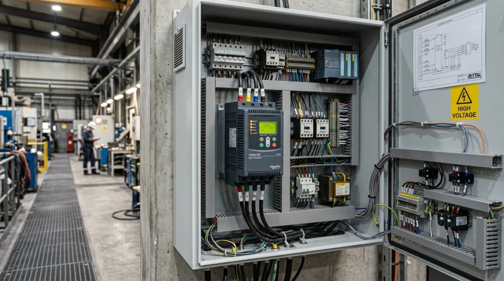 Dispositivo arrancador electrónico de estado sólido instalado en cuadro eléctrico industrial