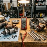 Mesa de taller con motor de arranque y alternador desmontados mostrando piñon bendix y puente de diodos