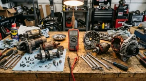 Mesa de taller con motor de arranque y alternador desmontados mostrando piñon bendix y puente de diodos
